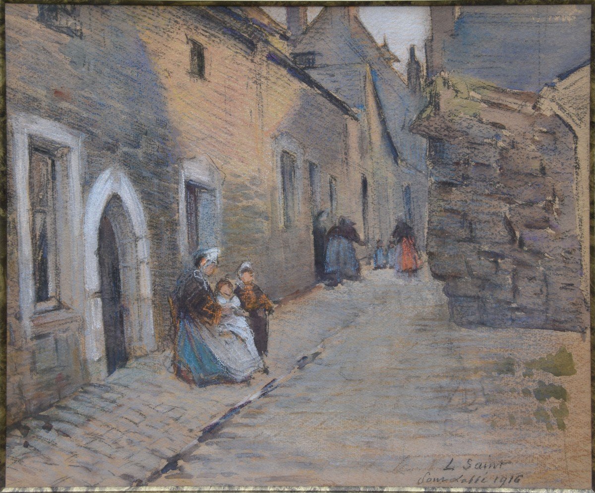 Louise Saint "rue Animée à "pont Labbé"" 1916 Pastel 34x38-photo-4